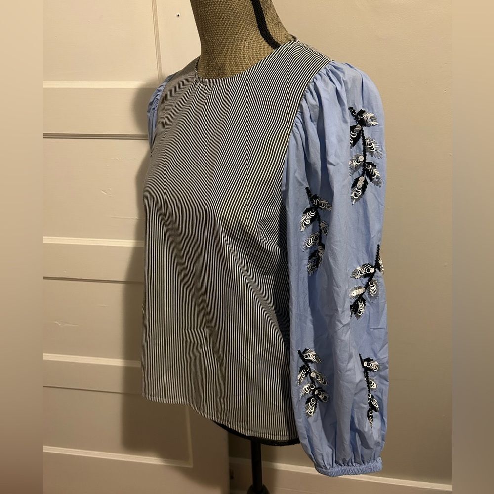 Saks Fifth Essentiel Antwerp Striped Blouse w/ Embellished Sequin Puff Sleeves